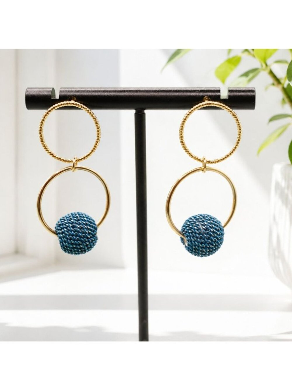 Gold & Blue Double‎ Hoop Statement Earrings With Textured Beaded Accent